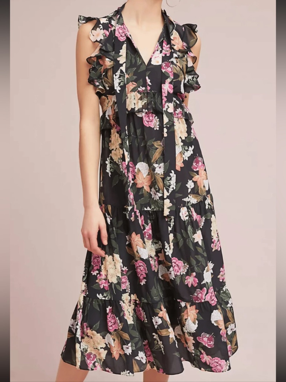 Anthropologie Kachel Black Pink Floral 100% Silk Cilla Ruffled Dress